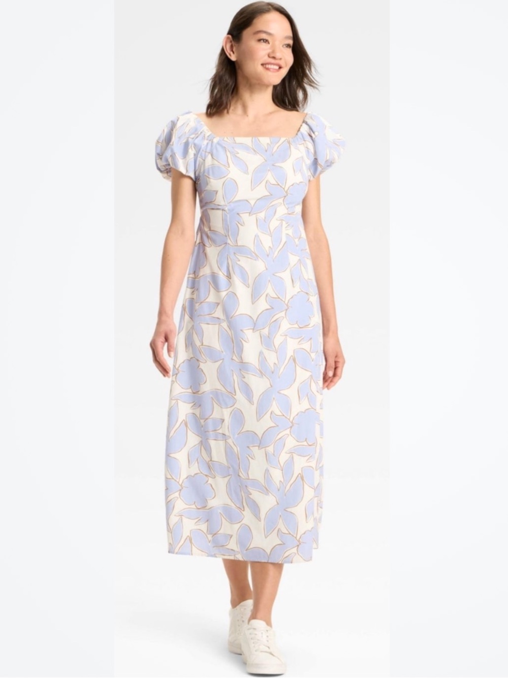 a new day Pastel Floral Puff Sleeve Square-Neck Midi Dress Springtime